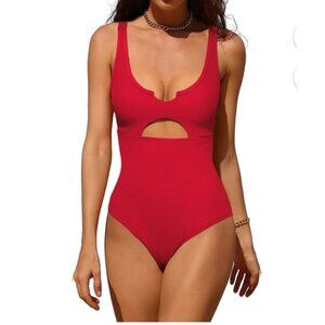 Charmo Womens Large Red Ribbed Cutout One-Piece Swimsuit UPF 50+ Beach Vacation
